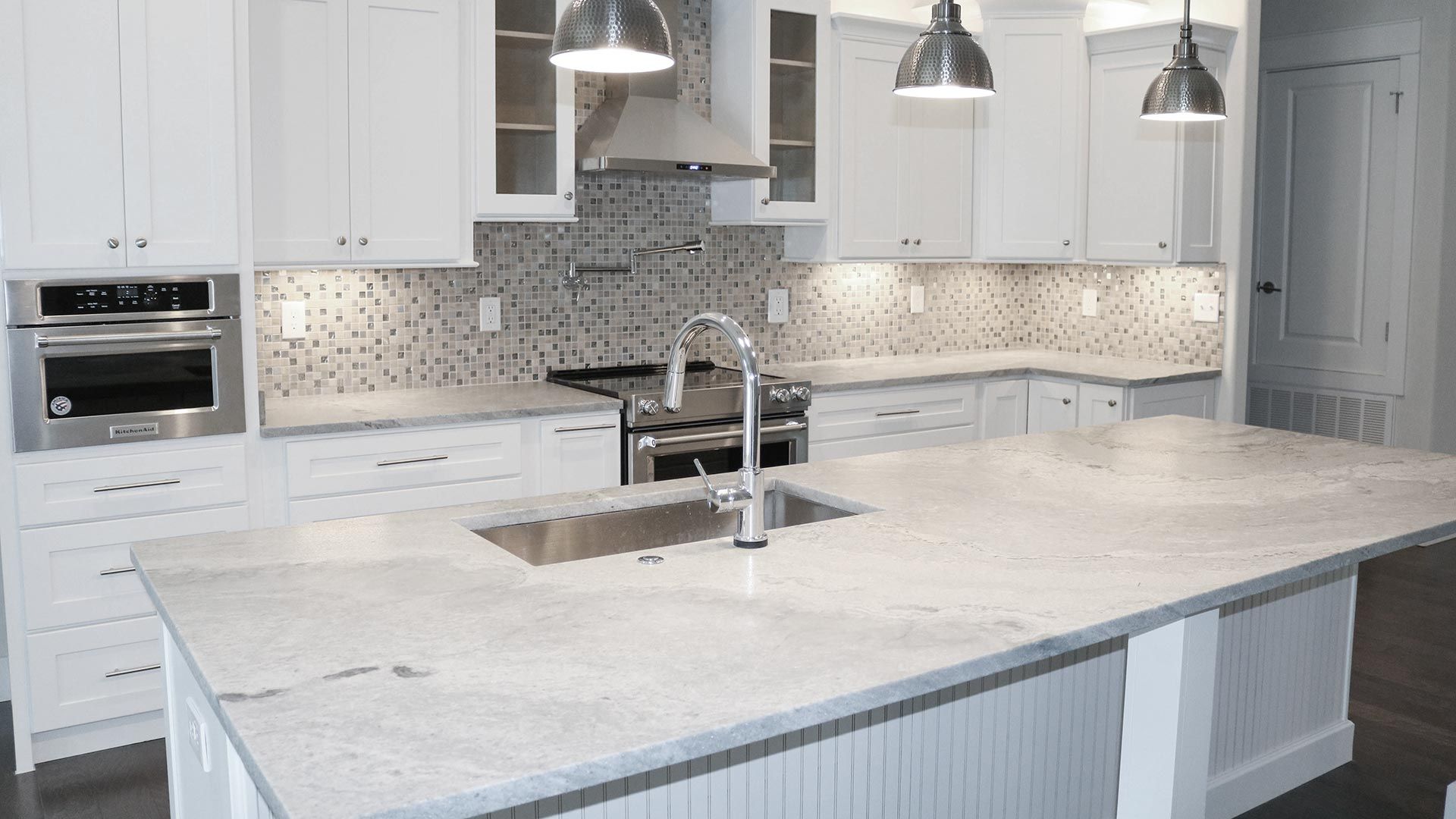 a modern light colored marble countertop