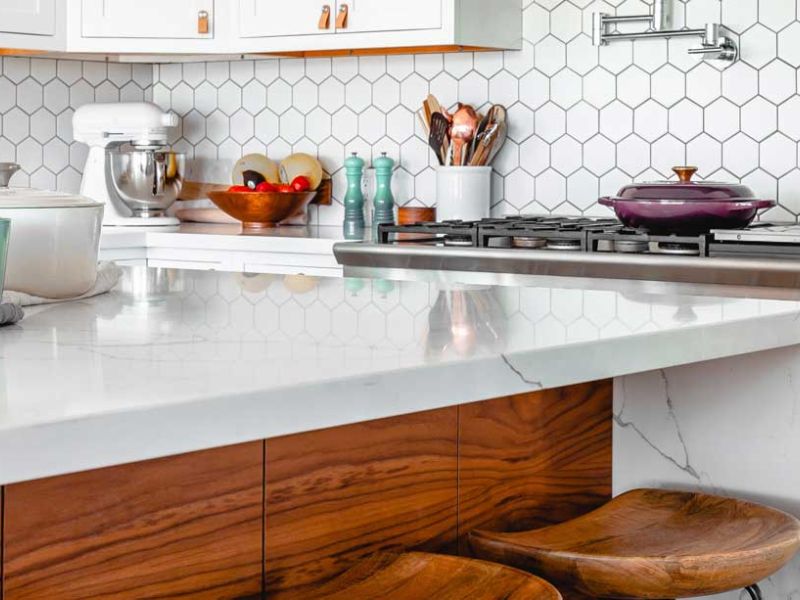 Wide photo of a white marble countertop.