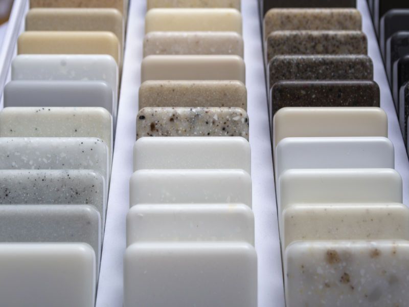 Showroom engineered stone sample colors.